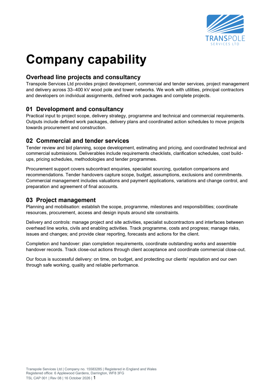 First page of the Transpole company capability statement